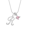 Silver alphabet R necklace with pink crystal heart planet pendant on white background - Letter R Heart Planet Necklace (With Stainless Steel Snake Chain) / Silver