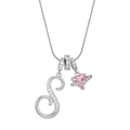 Silver snake chain necklace with pink heart Saturn pendant and sparkling letter S charm - Letter S Heart Planet Necklace (With Stainless Steel Snake Chain) / Silver