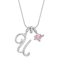 Silver alphabet U necklace with pink heart planet pendant and sparkling cubic zirconia - Letter U Heart Planet Necklace (With Stainless Steel Snake Chain) / Silver