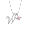Pink heart and letter W necklace pendant with sparkling crystals on a silver chain - Letter W Heart Planet Necklace (With Stainless Steel Snake Chain) / Silver