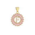 Detailed close-up of pink crystal letter F pendant with gold plating and zircon inlay - Gold F