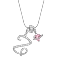 Silver letter S necklace with pink heart crystal and sparkling zircon stones on snake chain - Letter Z Heart Planet Necklace (With Stainless Steel Snake Chain) / Silver