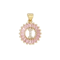 Detailed view of pink zircon-encrusted circle pendant with letter I in gold finish - Gold I