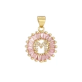 Macro shot of gold pendant with letter M, pink baguette stones and micro zircon pavé - Gold M