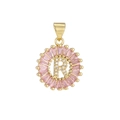 Detail of gold letter R pendant with pink rectangular crystals and micro-pave diamonds - Gold R
