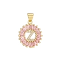 Macro shot of letter Z pendant with pink baguette stones and micro-paved white zircons - Gold Z
