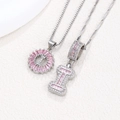 Pink rectangular crystal letter I necklace with silver finish and pavé zircon settings - Silver I