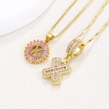 Gold plated pendant necklace with pink rectangular zircon in round and cross styles - Gold X