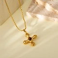 Golden rope chain necklace with a cross pendant and brown center stone inlay - Cross Style (HC6027)
