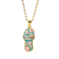 Close-up of golden slipper pendant necklace with blue enamel and pink evil eye charms - Sky Blue (Pattern C)