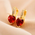 Elegant heart-shaped ruby drop earrings with sparkling pavé cubic zirconia in gold plating - Red
