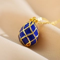 Deep blue enamel planet pendant necklace with golden lattice detail in Faberge style - Sapphire Blue