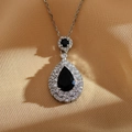 Silver pear-cut necklace with black teardrop gemstone and pavé crystal halo setting - Black