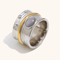 18K gold plated stainless steel ring with ripple texture and gray oval cat eye stone - US 6 / Silver Gold