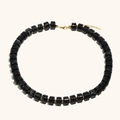 Black marble cylinder bead necklace with 18K gold plated spacers and lobster clasp - Necklace / Black