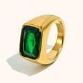 18K gold plated thick band ring featuring a rectangular emerald green gemstone - US 6 / Gold