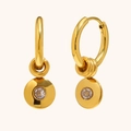 Boucles d'oreilles créoles classiques en acier doré 18K avec pendentif zircon rond - Juin - Pierre de Lune