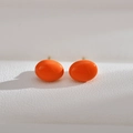 Minimalist bright orange oval stud earrings with shiny finish and gold metal posts - Orange
