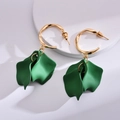Detail of elegant gold metal hoops with layered matte dark green resin rose petals - Green