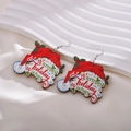 Detailed view of wood Christmas hat earrings featuring warm holiday wishes and festive prints - Christmas Hat