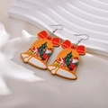 Christmas bell-shaped wooden earrings featuring Santa and tree on white display - Christmas Bell