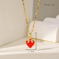 Detailed view of red strawberry pendant necklace with white zircons and dimensions - Rhinestone Strawberry Necklace