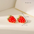 Detailed view of red strawberry earrings with green leaves and dimensions 2.6cm x 1.3cm - Green Leaf Strawberry Stud Earrings