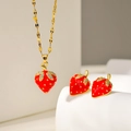 Chic gold-plated red strawberry jewelry set with sparkling zircon leaf accents - Rhinestone Strawberry Jewelry Set