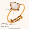 Macro detail of gold plated stainless steel teardrop opal ring showing dimensions and weight - Water Drop Opal Gold White