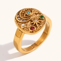 Detail of vintage gold signet ring with hammered texture, moon, star and colorful zircon - US 6 / Rhinestone Eye Moon Star Hammered Ring