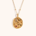 Gold celestial coin necklace featuring evil eye, moon, star motifs and colorful crystals - Rhinestone Eye Moon Star Hammered Round Pendant Necklace