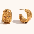 Gold-plated C-shaped hammered earrings with evil eye, moon, crystals and pearls - Rhinestone Eye Moon Star Hammered C-Hoop Earrings