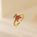 Detailed macro view of gold teddy bear ring featuring a red heart-shaped zircon stone - Teddy Bear Heart Style (JZ004-4)