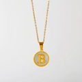 Gold stainless steel necklace with white shell round pendant featuring letter B charm - English Letter B (X029-B)
