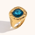 Vintage wide gold ring featuring a deep blue square zircon stone and textured radiance - US 6 / Ring / Gold Blue