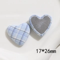 Detailed view of 17x26mm heart-shaped blue gingham fabric button with flat metal back - Large Heart Style / Blue