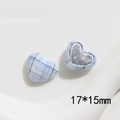 Detail view of 17x15mm heart-shaped fabric buttons with blue plaid pattern and metal base - Small Heart Style / Blue