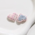 Detail of pink plaid fabric heart-shaped button with smooth silver metal base for DIY sewing - Plump Heart Style / Pink