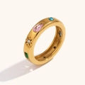 Anillo abierto de acero inoxidable chapado en oro 18K con circonitas de colores - 6 / Circonita Geométrica de Gota de Agua Rectangular (R4967-4969) / Oro Diamante Arcoiris