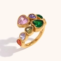 18K gold plated stainless steel open ring with colorful heart-shaped zirconia stones - Open Heart Zirconia / Gold - Multicolor Zirconia