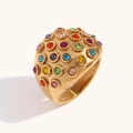 Polished 18K gold-plated dome ring with colorful round zircon stones on a beige background - 6 / Bubble Zirconia Dome / Gold Rainbow Diamond