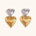 Orecchini a cuore bicolore lucido in argento e acciaio inossidabile placcato oro 18 carati - Orecchini pendenti a cuore bicolore - Argento/Oro