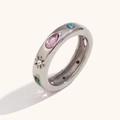 Anillo ancho de plata pulida con circonitas de colores y grabado de estrella único - 6 / Circonita Geométrica de Gota de Agua Rectangular (R4967-4969) / Acero Circón de Colores