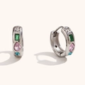 Silver huggie earrings with stacked green, pink, and blue gemstones and clear crystal - Geometric Water Drop Colorful Rhinestone Hoop-Steel