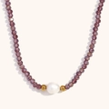 Retro beaded necklace featuring purple faceted crystals and a central freshwater pearl - Rose Purple Transparent