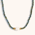 Minimalist 18K gold plated stainless steel necklace with dark blue beads and large pearl - Electroplated Gold Blue