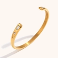 18K gold plated stainless steel open bangle with teardrop ends and white zircon stones - Bangle / Star Round Zirconia Style (Gold)