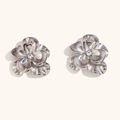 Double-layered 18K gold flower earrings with a sparkling center crystal on beige backdrop - Vintage Double Flower Zirconia Earrings-Steel-White