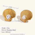 Detail of 18K gold-plated stainless steel scallop earrings with a pear-shaped zircon stone - Scallop Zirconia Texture Earrings-Gold-White