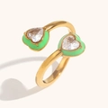 Adjustable gold open ring with light green enamel hearts and shimmering crystal centers - Gold Green Heart Open Ring